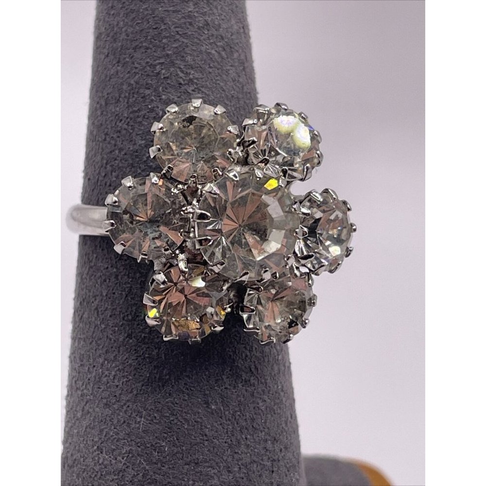 Vintage Clear Rhinestone Prong Set Adjustable Flower‎ Ring Silver Tone 3D Floral - Picture 8 of 15